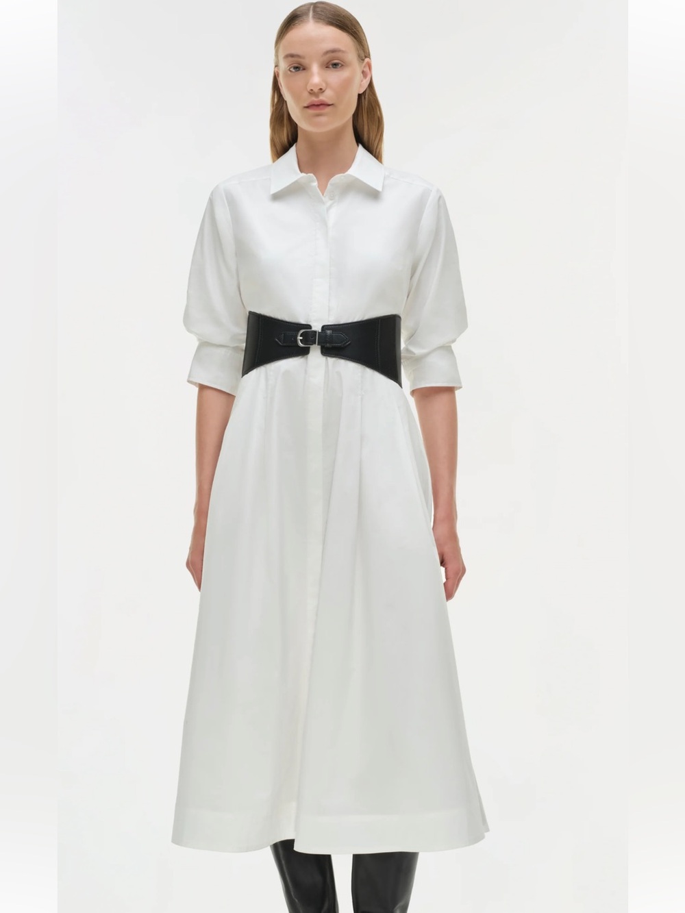 Simkhai classic White Midi Shirt Dress with Black Waist Belt